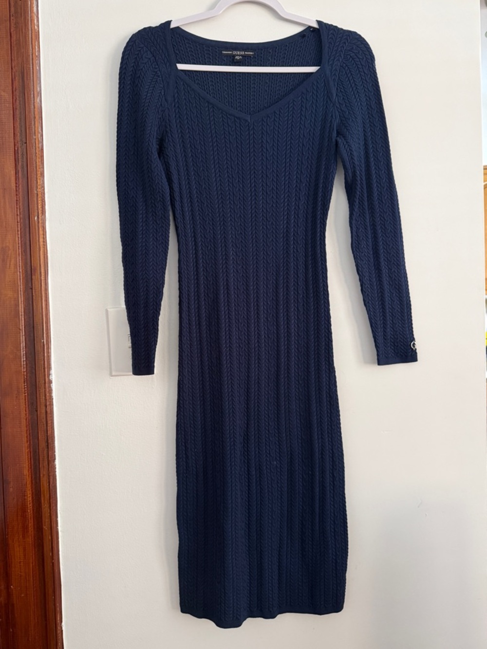 Guess Navy Ribbed Cable-Knit Long Sleeve Dress
